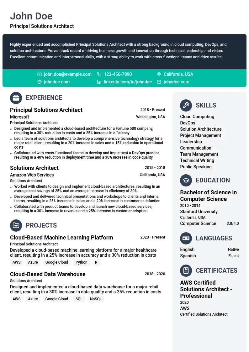 Principal Solutions Architect resume example