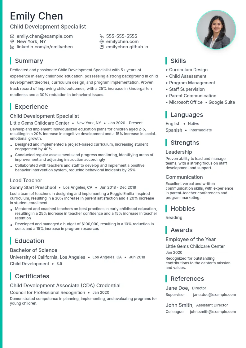 Child Development Specialist resume example
