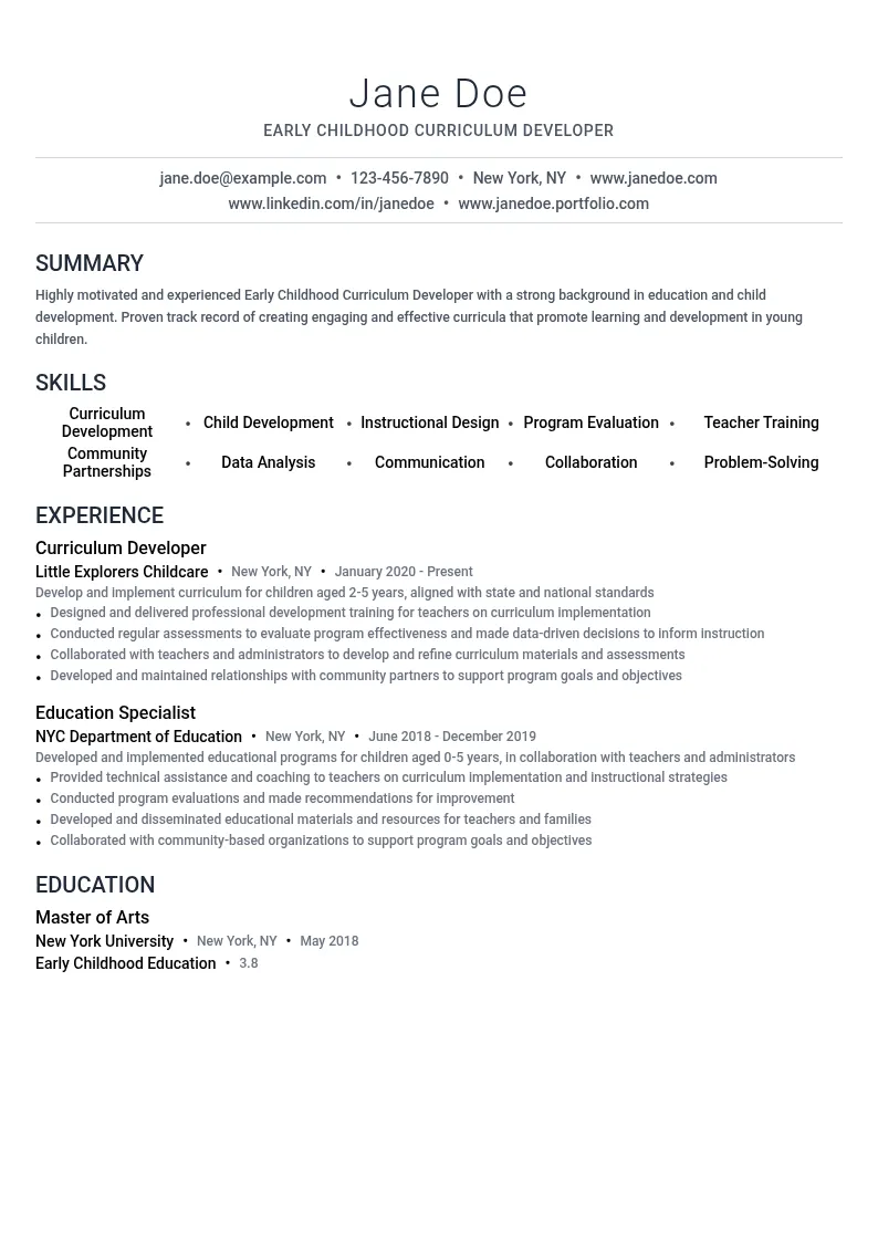 Early Childhood Curriculum Developer resume example