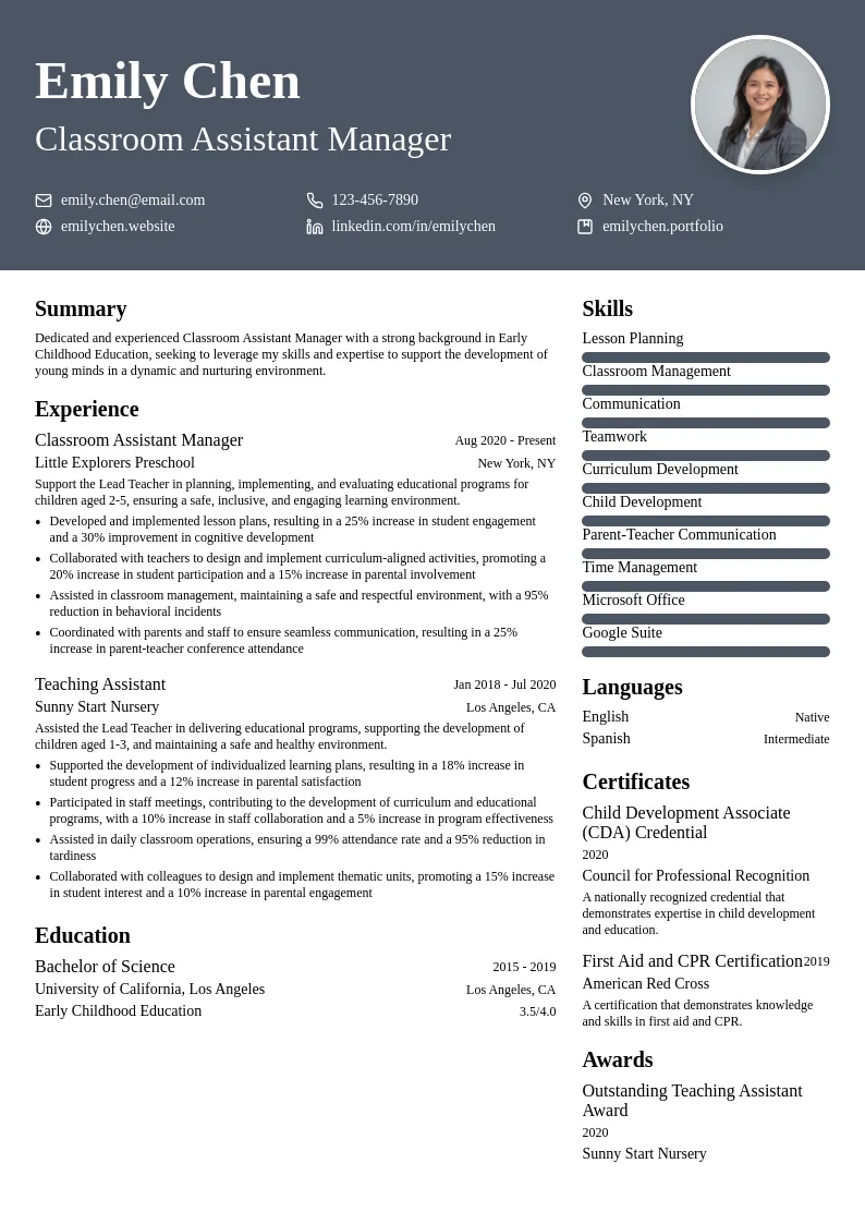 Classroom Assistant Manager resume example
