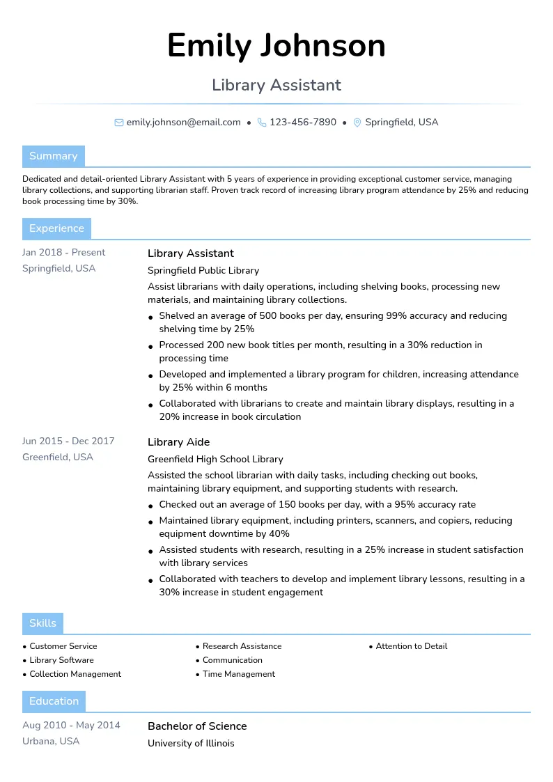 Library Assistant resume example