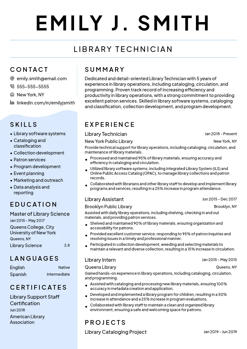 Library Technician resume example