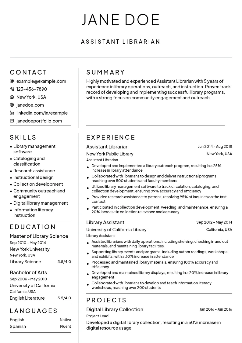 Assistant Librarian resume example