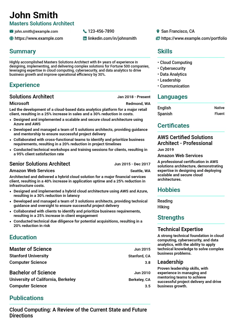 Masters Solutions Architect resume example