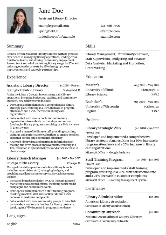 Assistant Library Director resume example