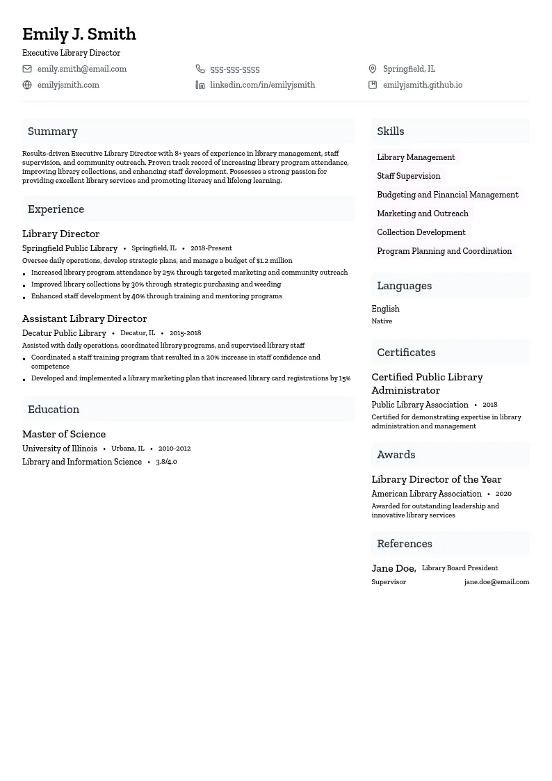 Executive Library Director resume example