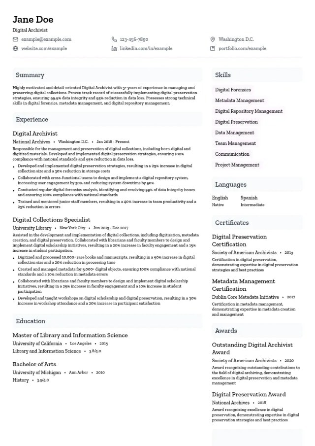 Digital Archivist resume example