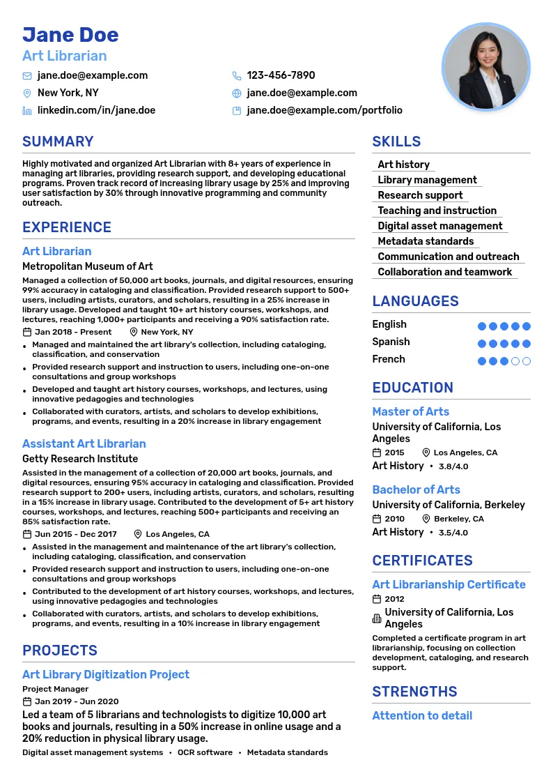 Art Librarian resume example