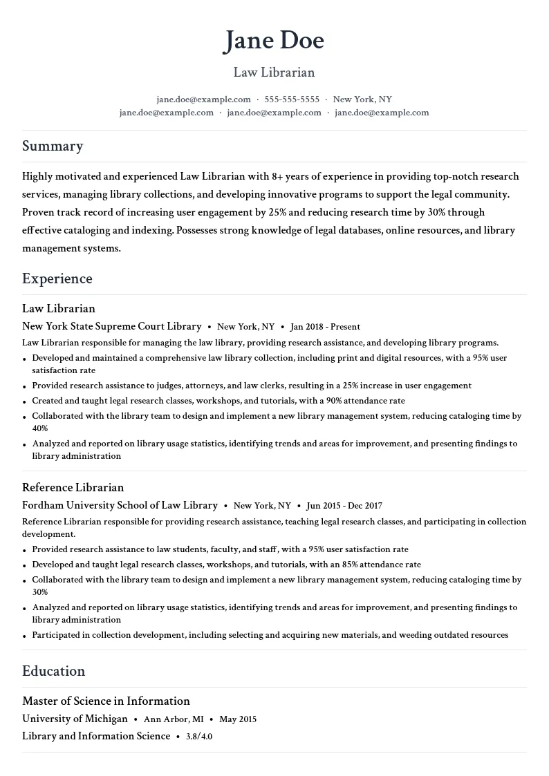 Law Librarian resume example