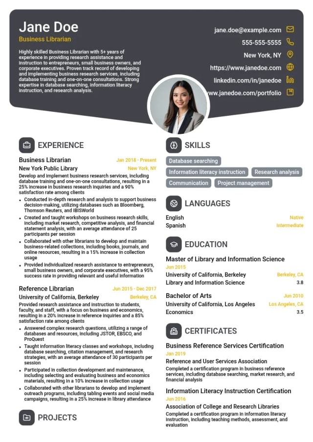 Business Librarian resume example