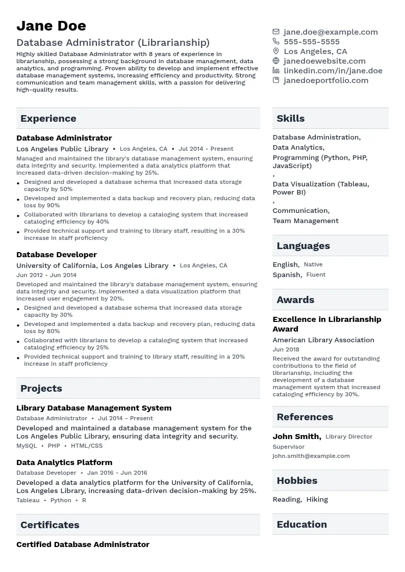 Database Administrator (Librarianship) resume example