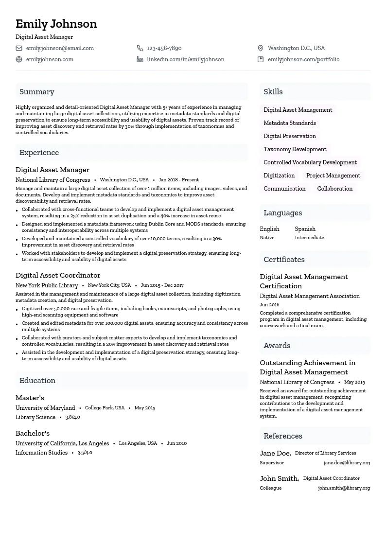 Digital Asset Manager resume example