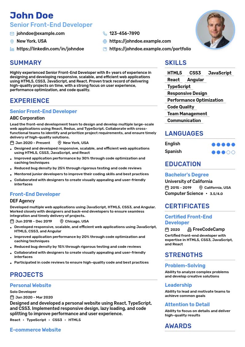 Senior Front-End Developer resume example