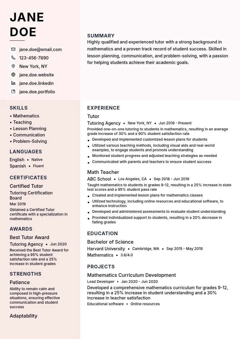 Tutor resume example