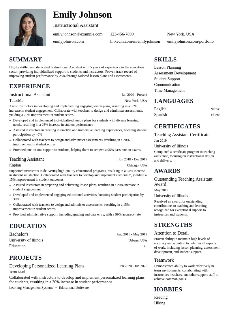 Instructional Assistant resume example