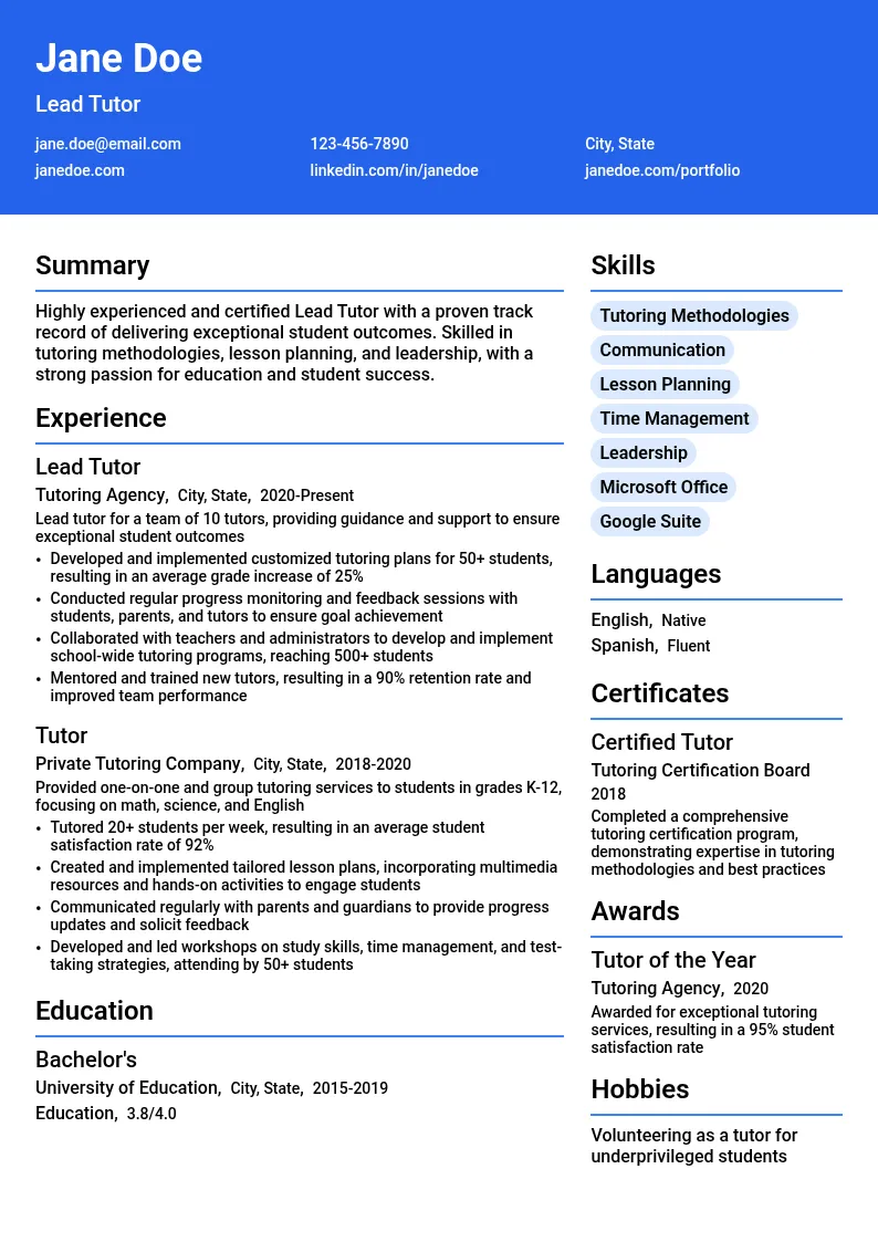 Lead Tutor resume example