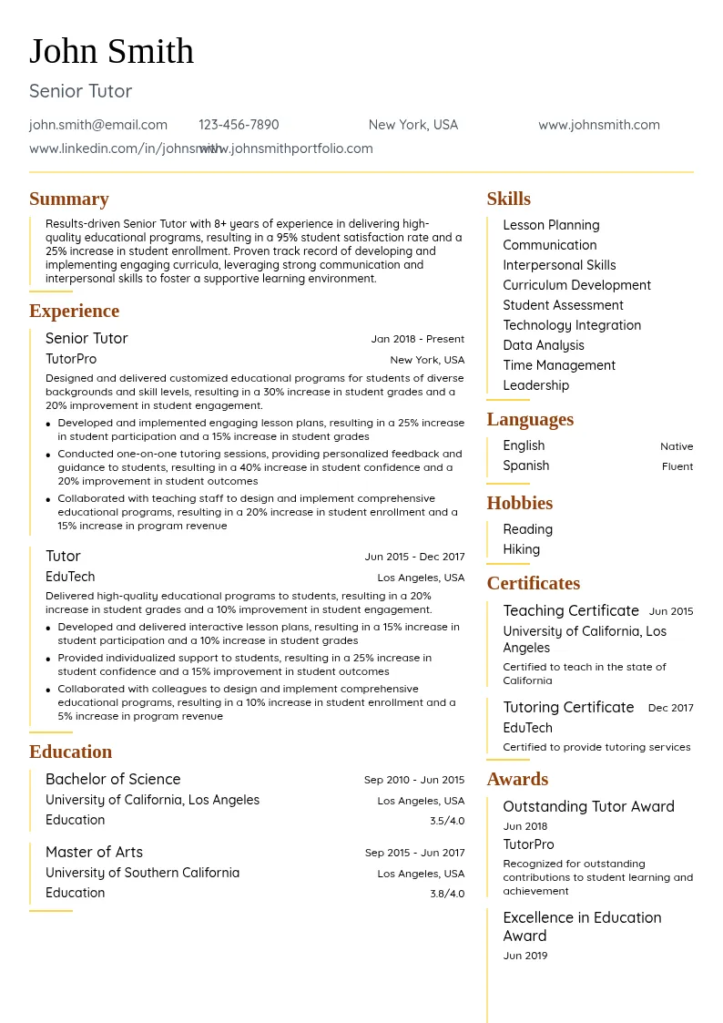 Senior Tutor resume example