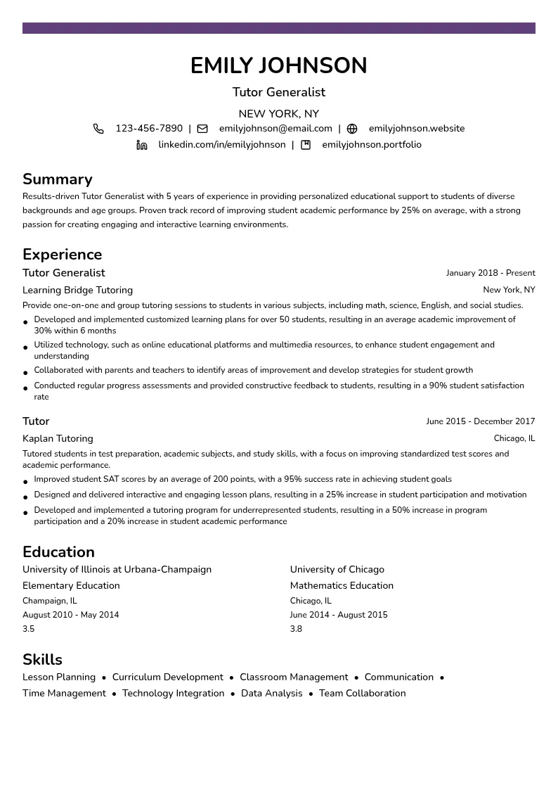 Tutor Generalist resume example
