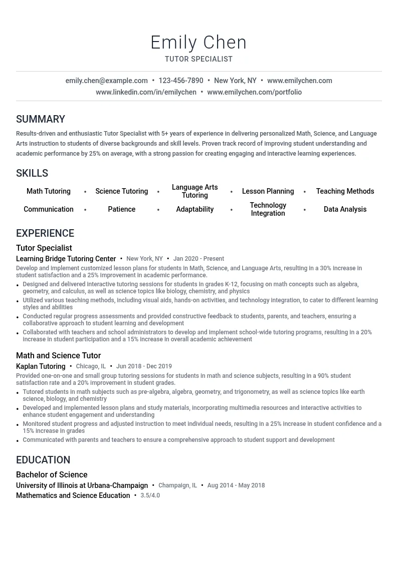 Tutor Specialist (Math/Science/Language Arts) resume example