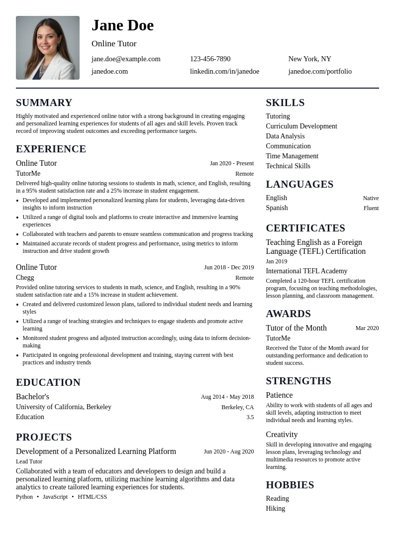 Online Tutor resume example