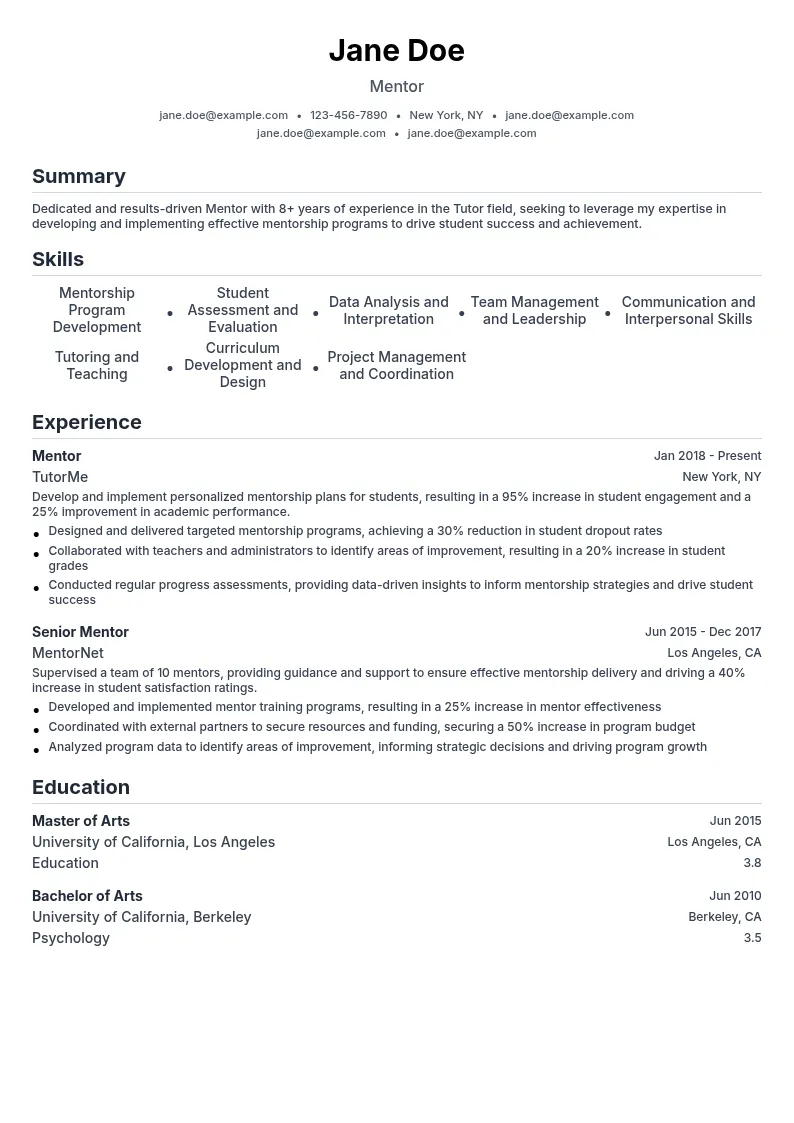 Mentor resume example