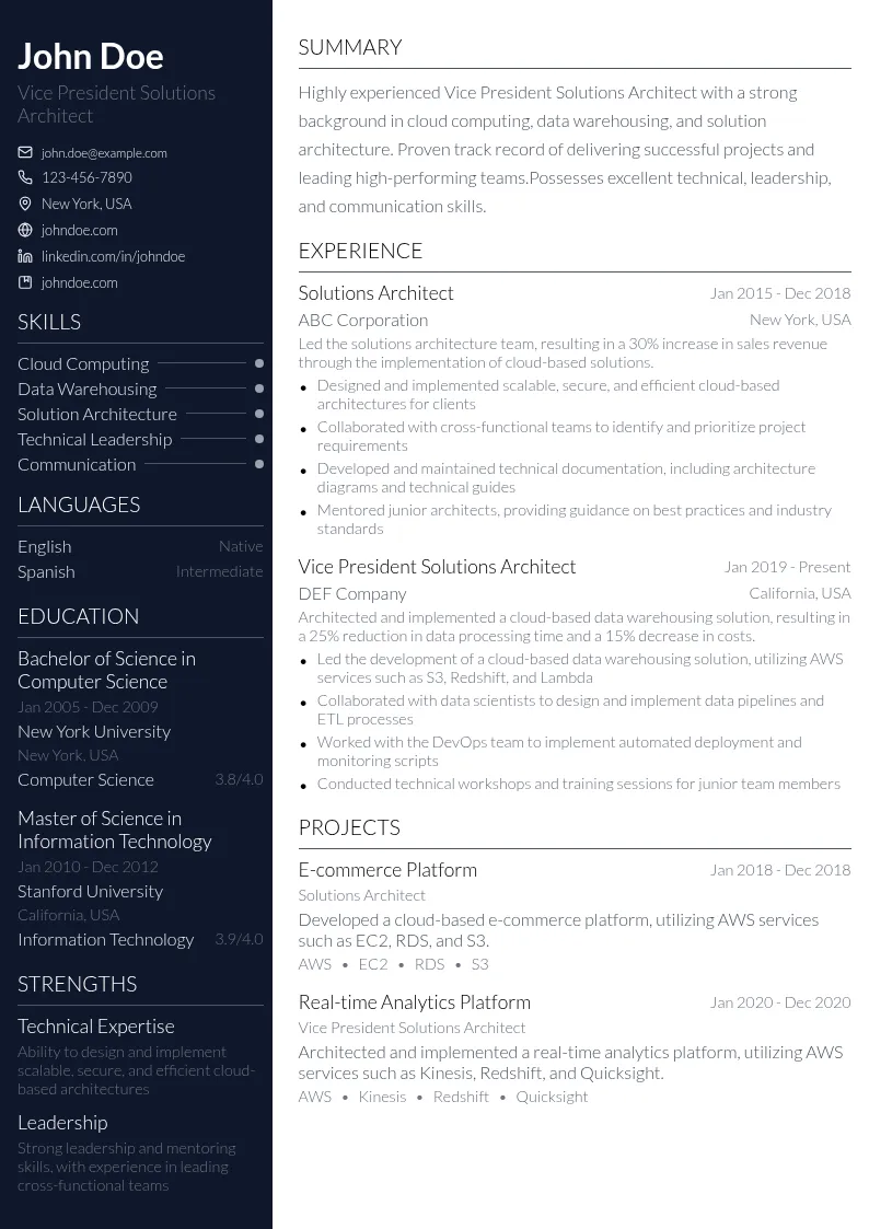 Vice President Solutions Architect resume example