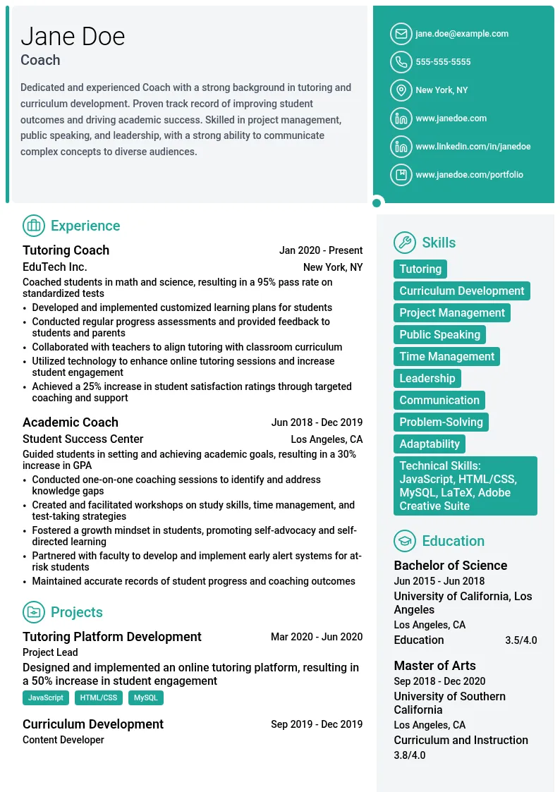 Coach resume example