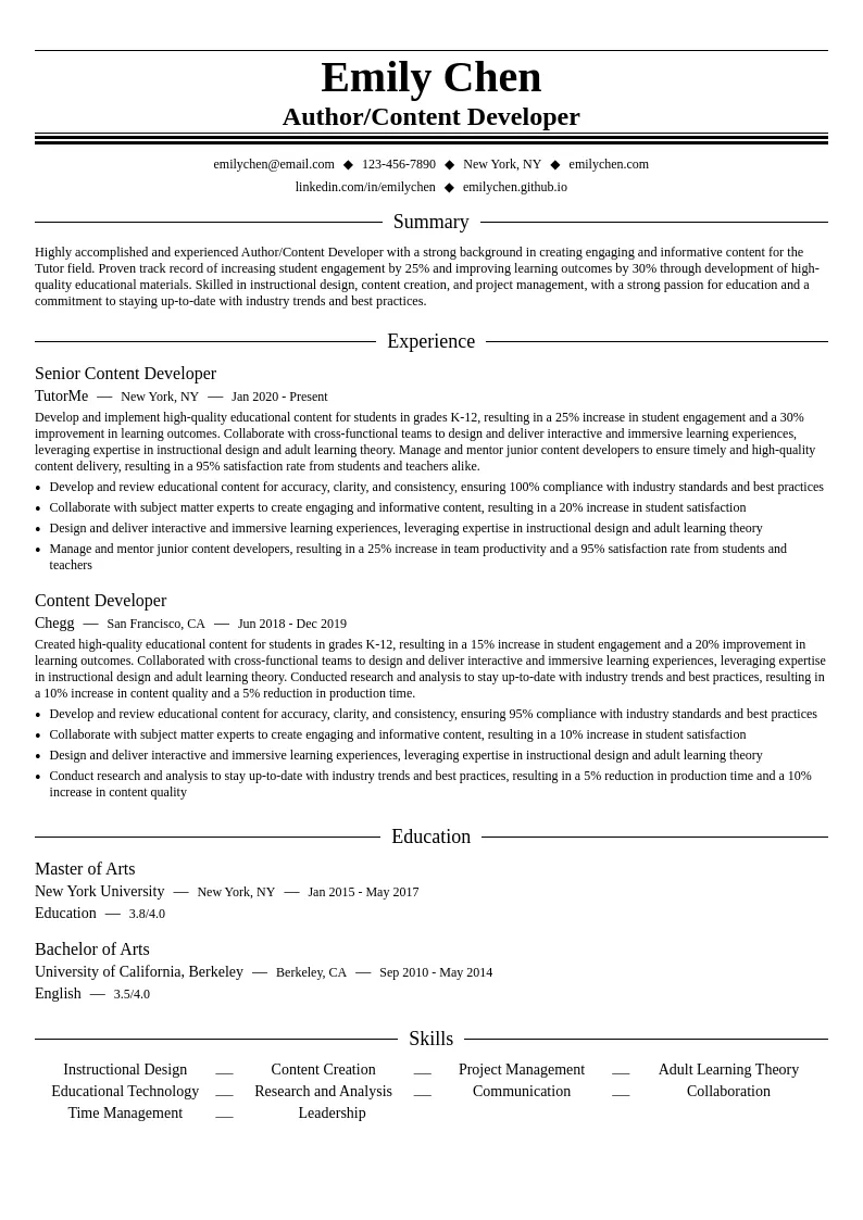 Author/Content Developer resume example