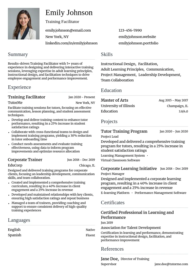 Training Facilitator resume example