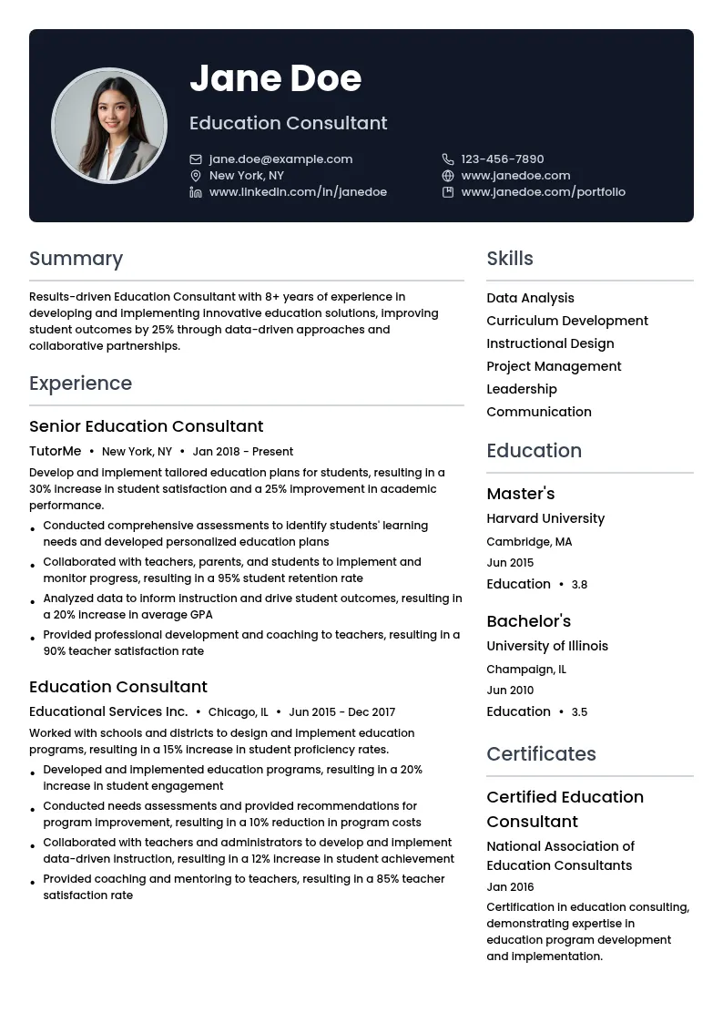 Education Consultant resume example
