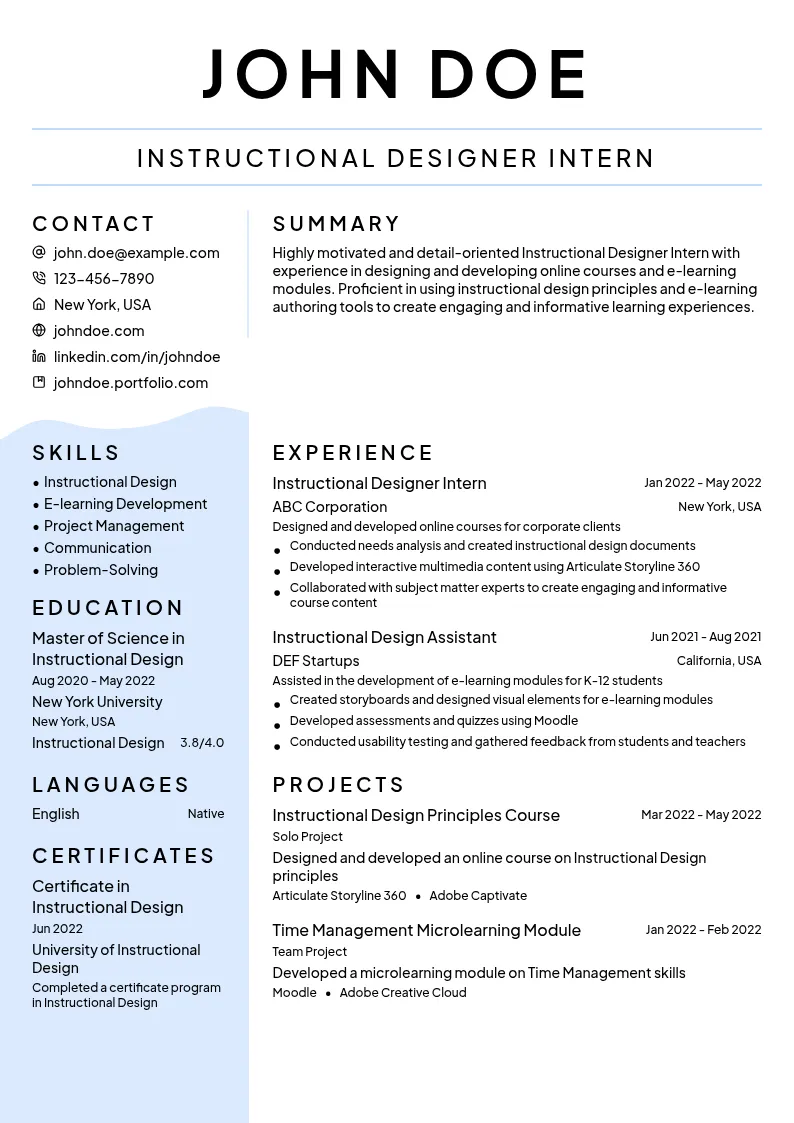 Instructional Designer Intern resume example