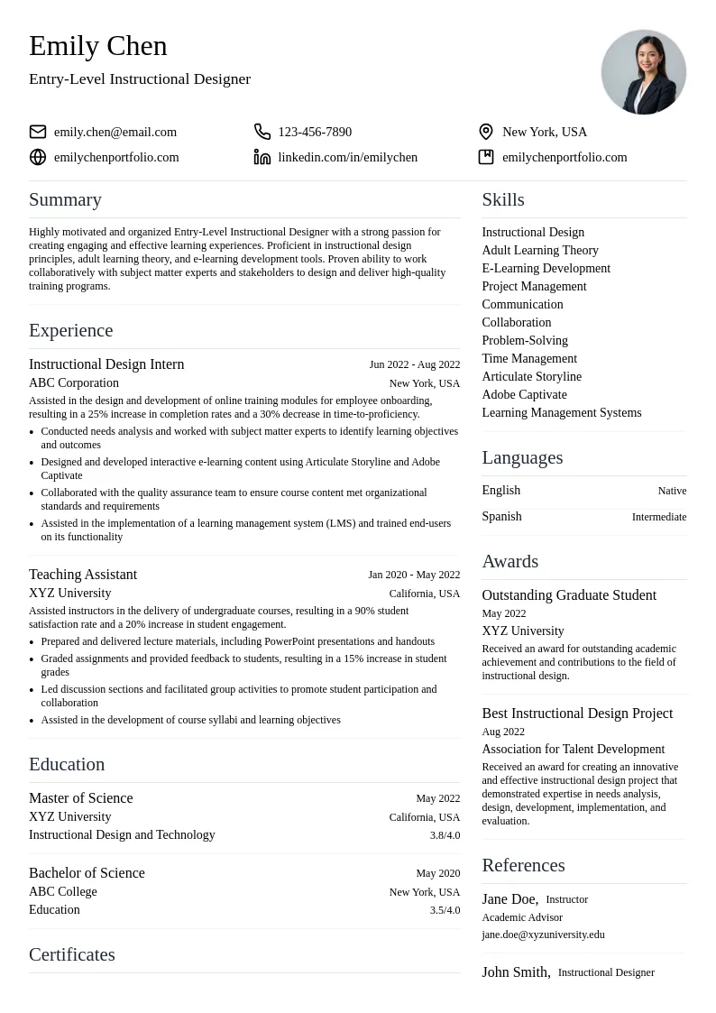 Entry-Level Instructional Designer resume example
