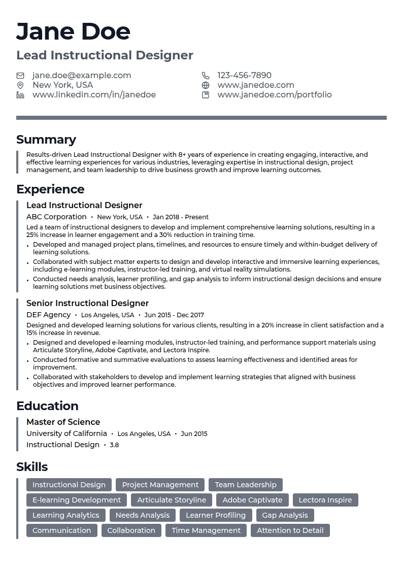 Lead Instructional Designer resume example