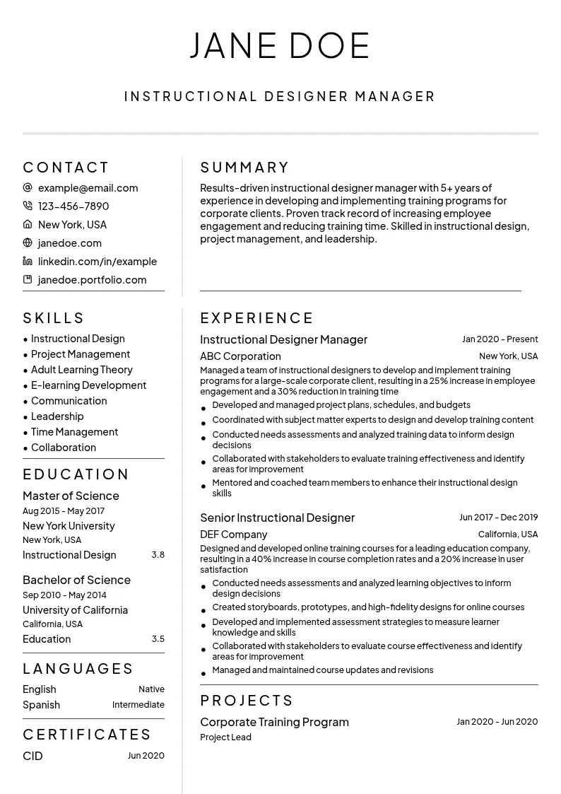 Instructional Designer Manager resume example