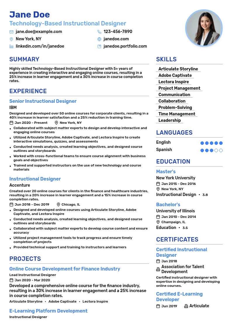 Technology-Based Instructional Designer resume example