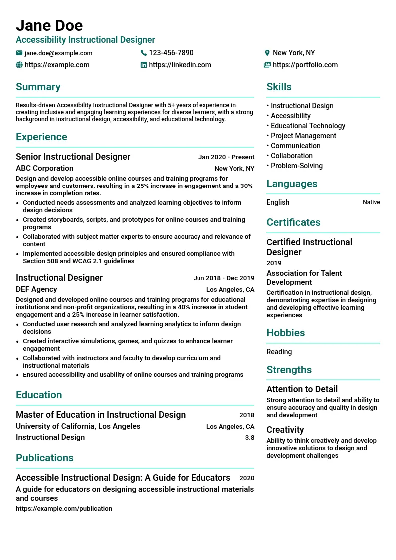 Accessibility Instructional Designer resume example