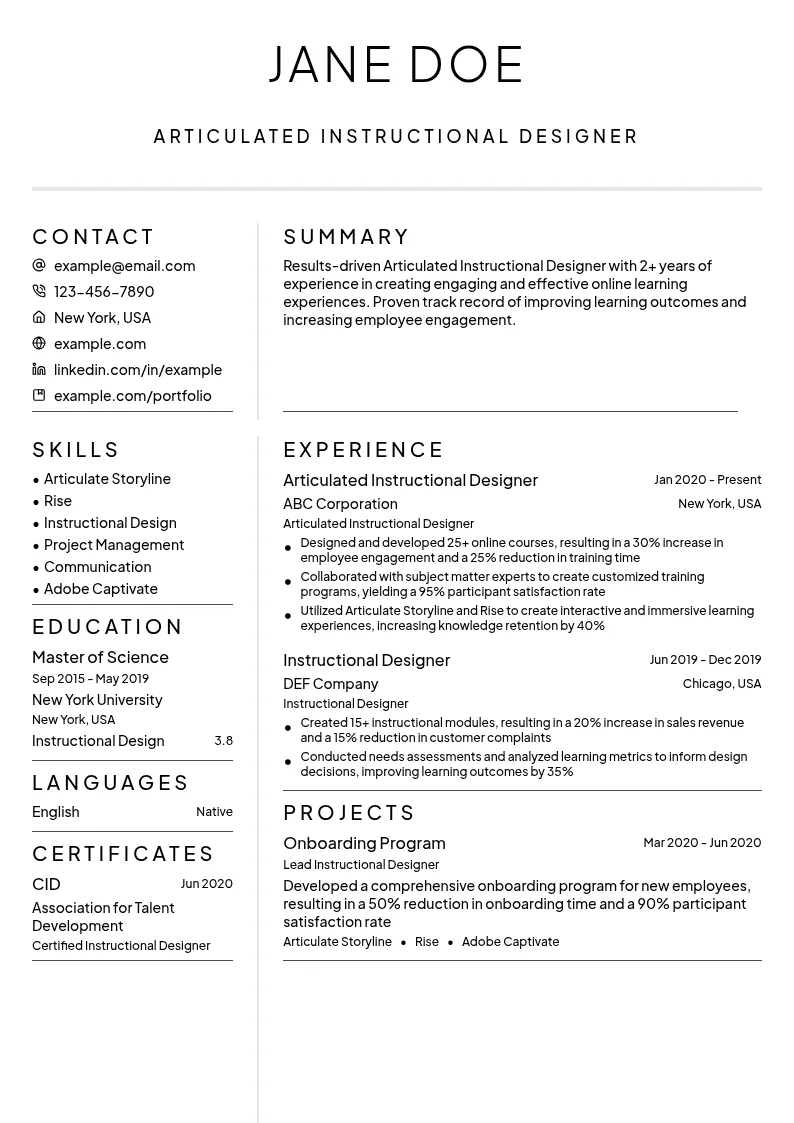 Articulated Instructional Designer resume example