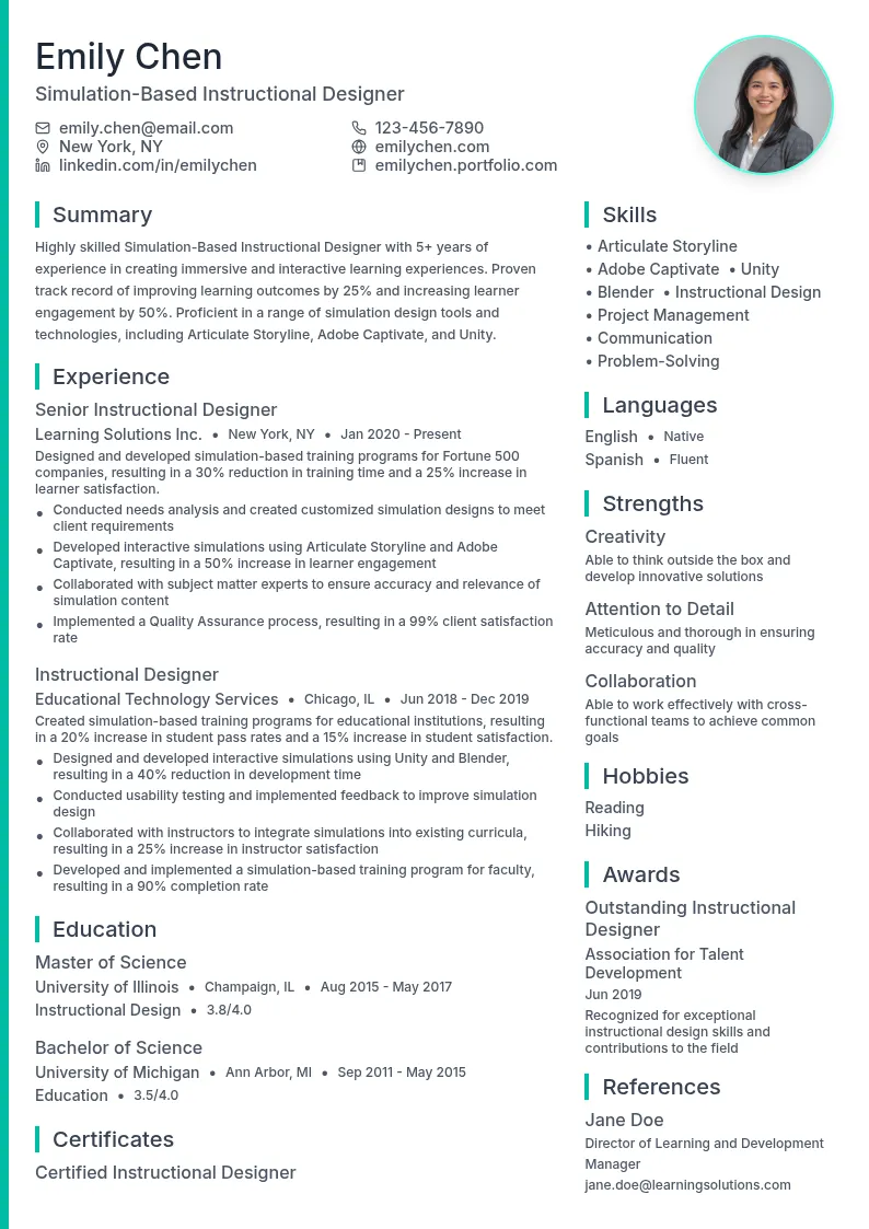 Simulation-Based Instructional Designer resume example