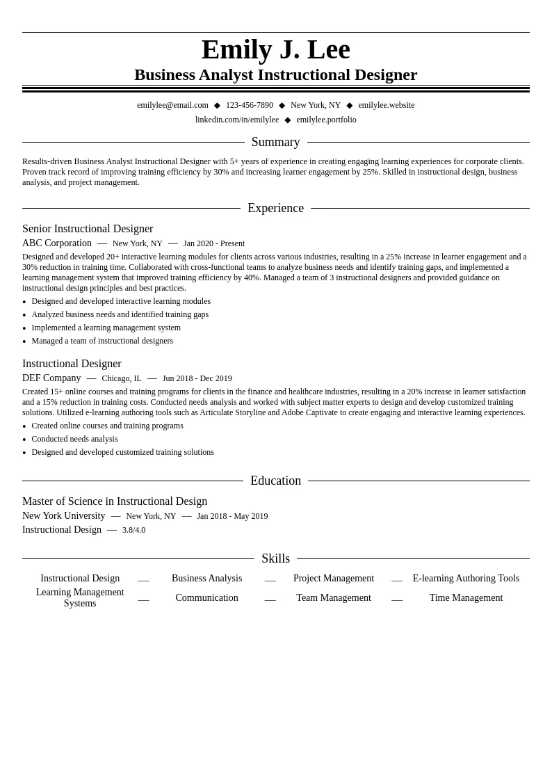 Business Analyst Instructional Designer resume example
