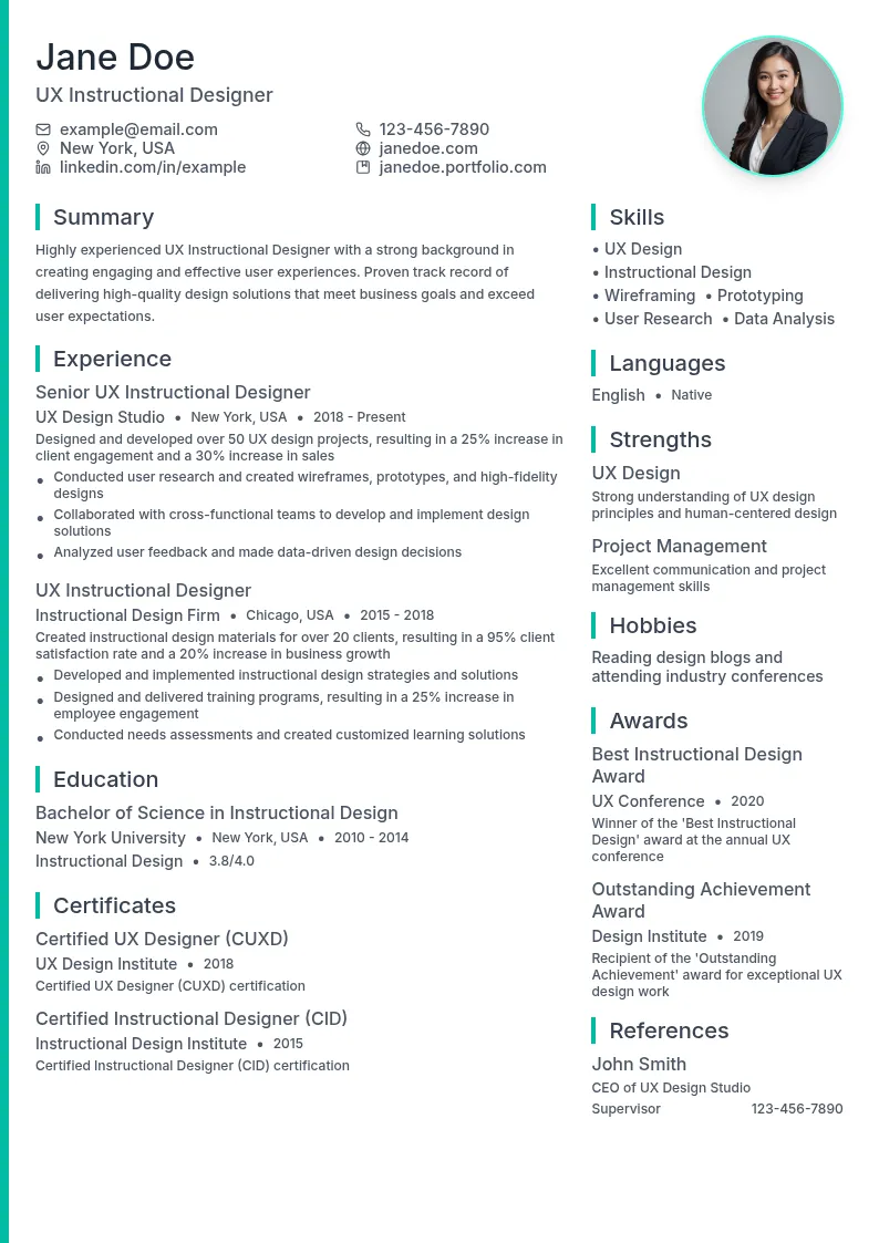 User Experience (UX) Instructional Designer resume example