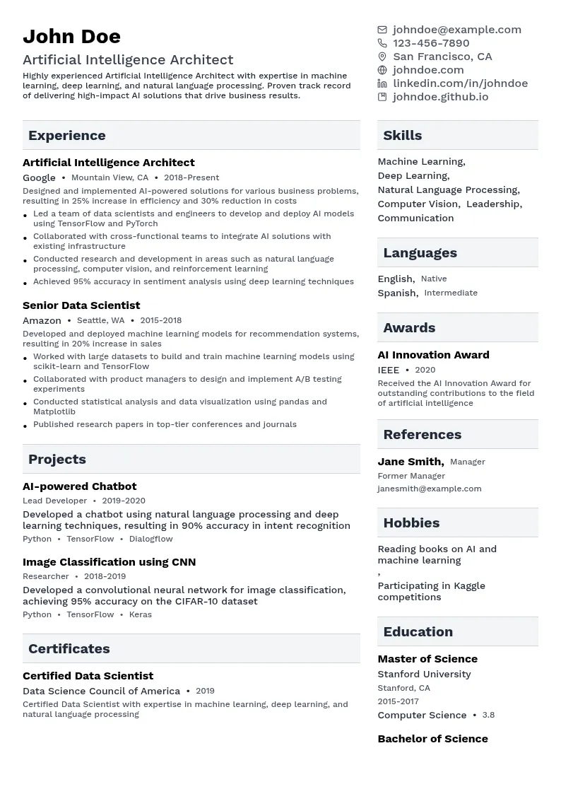 Artificial Intelligence Architect resume example
