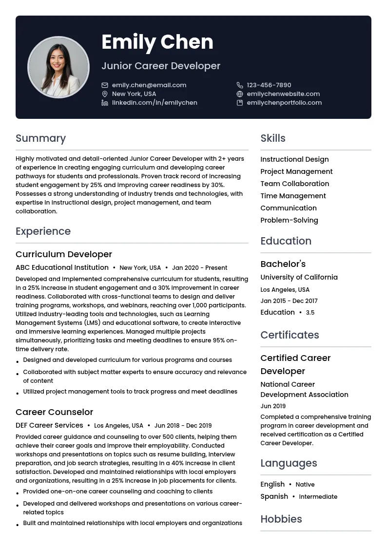 Junior Career Developer resume example