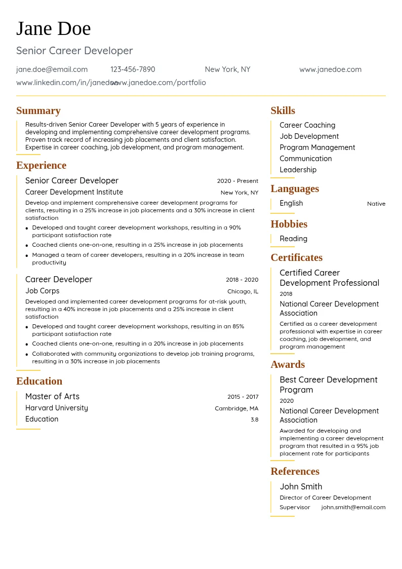 Senior Career Developer resume example