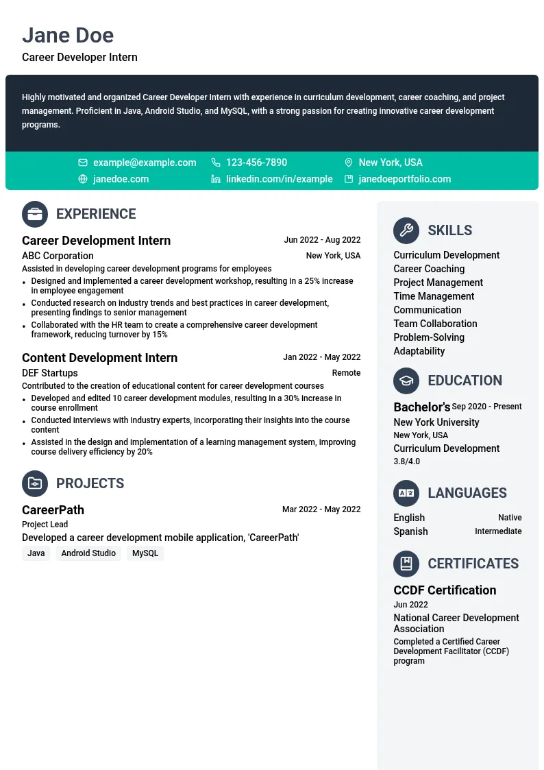 Career Developer Intern resume example