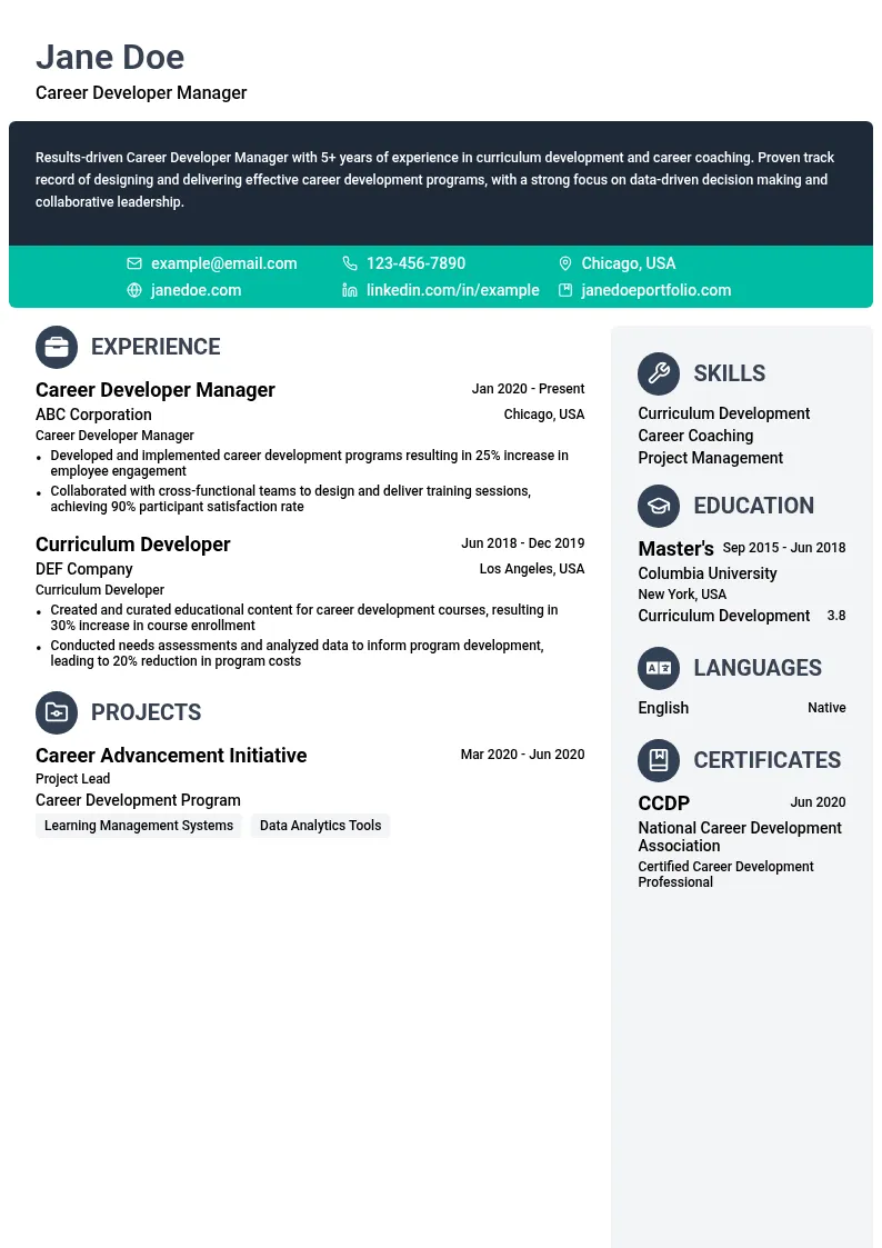Career Developer Manager resume example