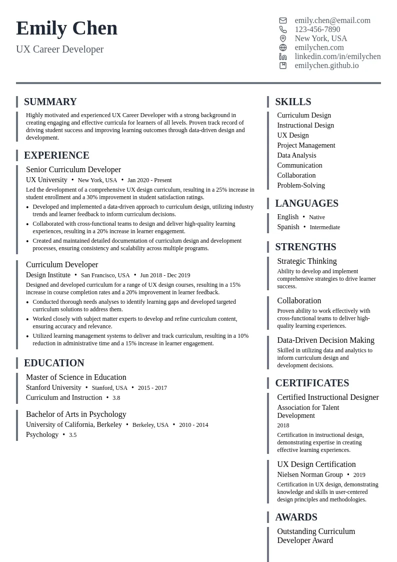 UX Career Developer resume example