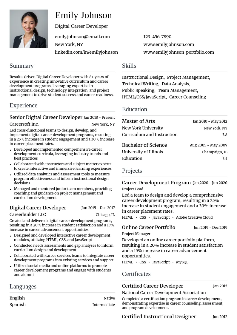 Digital Career Developer resume example