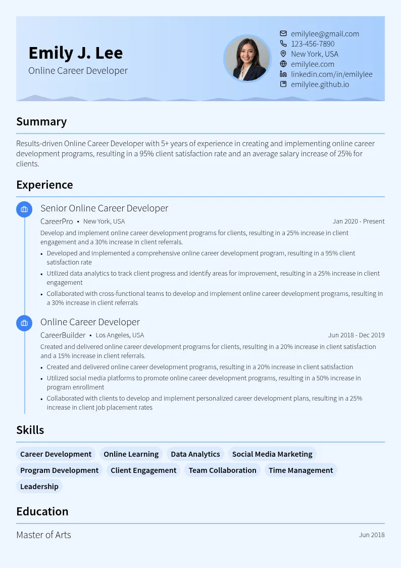 Online Career Developer resume example