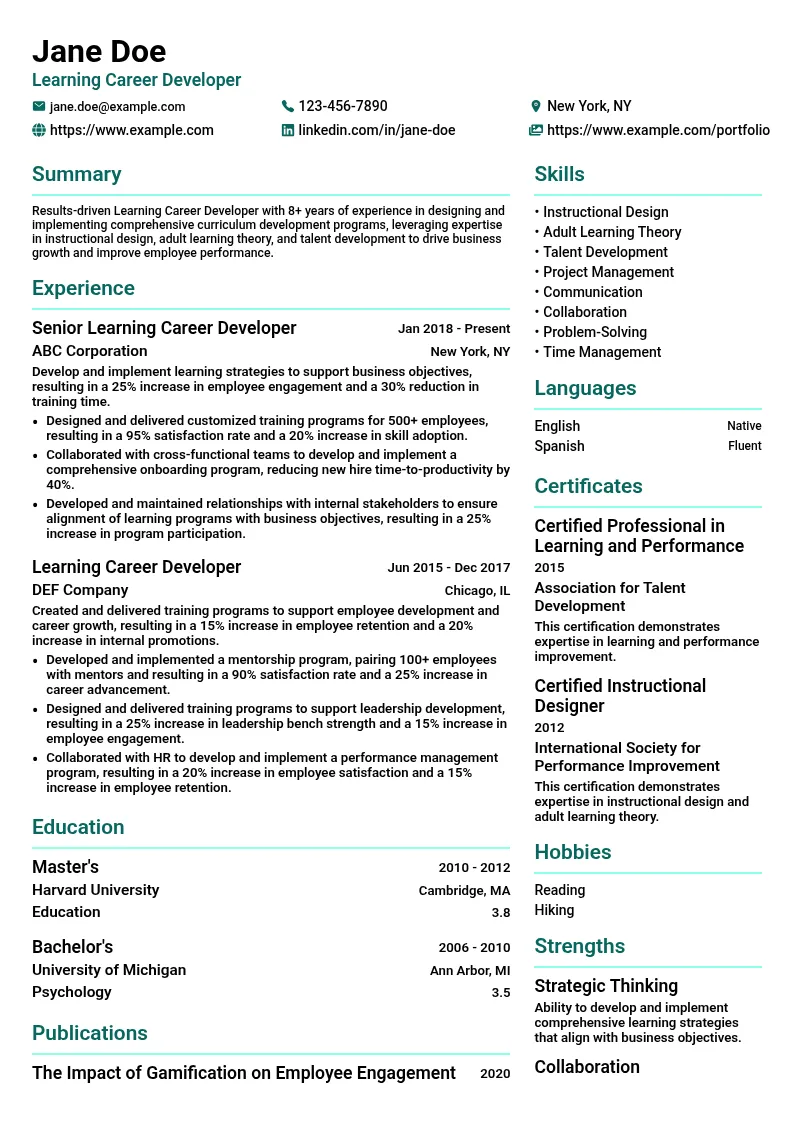 Learning Career Developer resume example