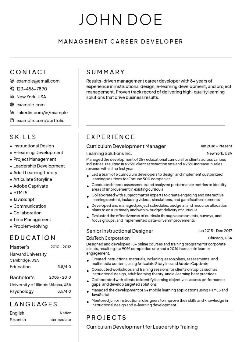 Management Career Developer resume example